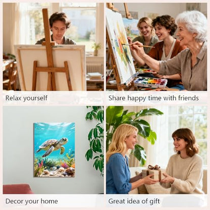 Muzagroo Art 4 Pcs Paint by Numbers Kits for Adults Framed Canvas with Wooden Easel DIY Sea Turtle Acrylic Oil Paintings Kits Paint by Numbers on Canvas Wall Art (8x12 inch) - color: Ocean