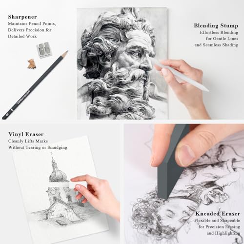 Aenir Sketch Pencils for Drawing, Drawing Pencils Set of 18, 10B–4H Graphite Pencil, Vinyl Eraser, Kneaded Eraser, Sharpener, Blending Stump,Sketch Set for Artists, Art Supplies. - size: 18 Pcs Graphite Pencils Set