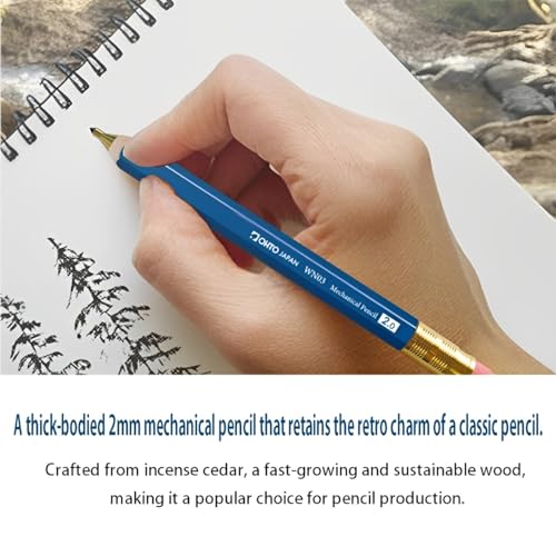 WN03 Wooden Mechanical Pencil Set, 2.0mm Extra Bold, Thick Barrel, Incense Cedar Yellow Pencil with Lead Refills (HB, B), Eraser Refills, and Brass Sharpener for Writing, Sketching, Drawing