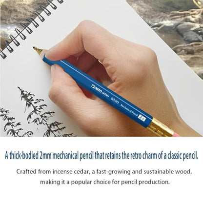WN03 Wooden Mechanical Pencil Set, 2.0mm Extra Bold, Thick Barrel, Incense Cedar Yellow Pencil with Lead Refills (HB, B), Eraser Refills, and Brass Sharpener for Writing, Sketching, Drawing