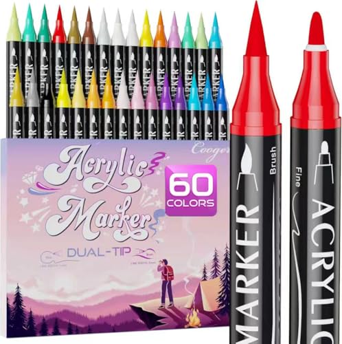 60 Colors Dual Tip Acrylic Paint Markers,Fine Tip and Brush Tip Permanent Acrylic Paint Pens For Rock Painting, Canvas, Wood, Glass, Ceramic, Fabric, Plastic, Egg, Scrapbook,Art Painting Supplies Kit - color: 60 Colors