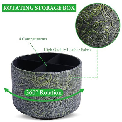Round Leather Art Supply Organizer,Remote Control Holder,360 Degree Spinning,Multi-Functional Pencil Holder,4 Compartments Desktop Stationary Organizer(1-Carved Metal Green2) - color: 1-Carved Metal Green2