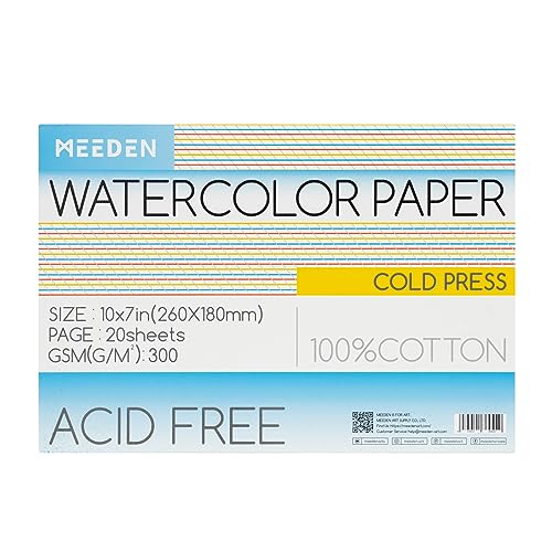 MEEDEN Cotton Watercolor Paper Block: 10" x 7" Cold Pressed of 20 Sheets | 140lb/300gsm 100% Cotton Watercolor Paper Pad, Acid-free Art Paper for Painting, Drawing, Watercolor, Gouache, Ink and More - color: Cold Press, size: 10×7"