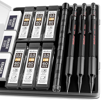 Nicpro 0.5 mm Mechanical Pencil Set with Case, 3PCS Metal Pencils | MP2000 Heavy Duty Lead Pencil + 6 Tube HB Lead Refill, Eraser, Weatherproof Metal Barrel for Outdoor Writing Drafting Drawing - size: 0.5mm