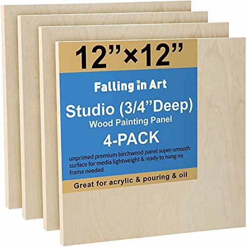 4 Pack 12x12’’ Unfinished Birch Wood Panels Kit for Painting | Studio 3/4’’ Deep Wooden Canvas, Cradle Boards for Acrylic Pouring, Art, Crafts, Epoxy Resin, Laser Engraving Cutting - size: 12'' x 12'' Studio