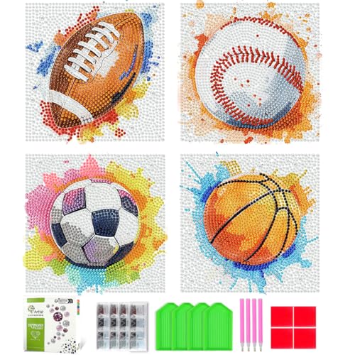 4 Pack Diamond Art Kits for Kids-Ball Sports Diamond Painting Kits for Kids | 5D Diamond Art Painting Kit for Kids With Box,Round Diamond Dots Full Drill Gem Art DIY Crafts for Girls Boy 7x7 Inch - color: Basketball rugby baseball soccer