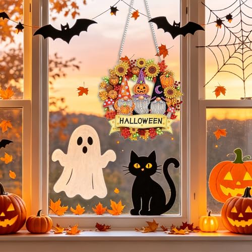CEOVR Halloween Hanging Diamond Art for Adults, Gnome Diamond Painting Pendant, DIY Special Shape Gem Art Window Ornament, Acrylic Home Wall Decor with Chain, Box Kit 7.87×7.87inch - color: 7-Gnome