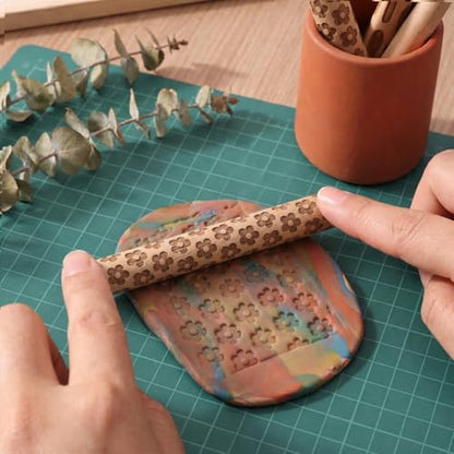 Conderyang 16Pcs Wooden Clay Texture Roller Set Clay Modeling Pattern Rollers Wooden Texture Rollers Wood Pottery Tools Pottery Tool Set for Artists Art Creation Ceramic DIY, 4In x 0.6In（Style 2) - color: Style 2