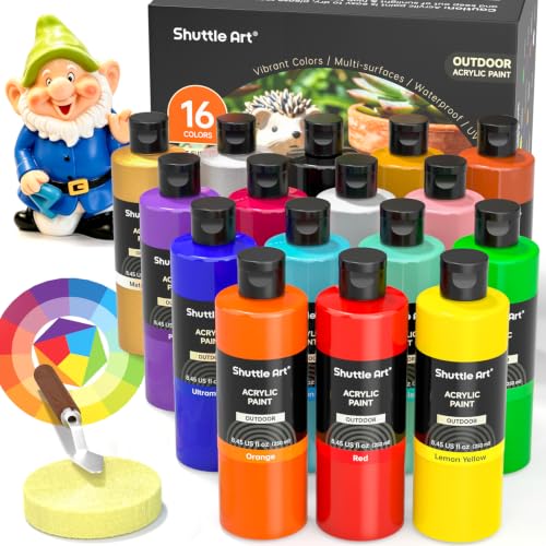 Shuttle Art Outdoor Acrylic Paint Set, 16 Colors Waterproof Paint, 8.45oz Large Bottles, Rich Pigmented Bulk Painting Supplies for Artists, Beginners on Rocks, Wood, Wall, Crafts, Garden Statues - color: 16, size: 8.45 Fl Oz (Pack of 16)