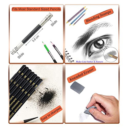 Heshengping 31 Drawing Sketching Pencils Kit, Portable Artist Supples Travel Case Set has Graphite, Charcoal, white color pencil, Blending Stump, gift for Adults Beginners for Drawing Sketch