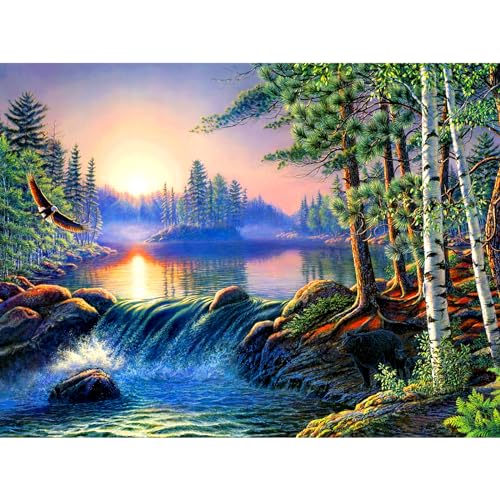 hill froeistung 5D Waterfalls,Sunset，Mountain, Lake, Forest Diamond Art Painting Kits for Adults,DIY Full Drill Nature Landscape Scenery Diamond Art Painting for Home Wall Decor Gifts (16X12 inch) - color: HF004