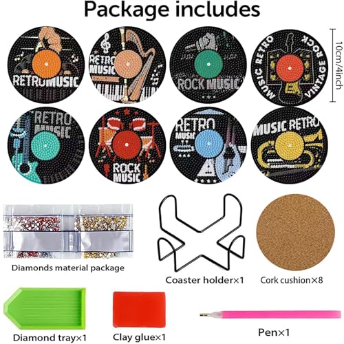 gganmtere 8 pcs Music Diamond Art Coasters with Holder,Musical Instrument Diamond Art Painting Coasters,5D DIY Full Drill Adult Diamond Paintings Set - color: Jxbd99