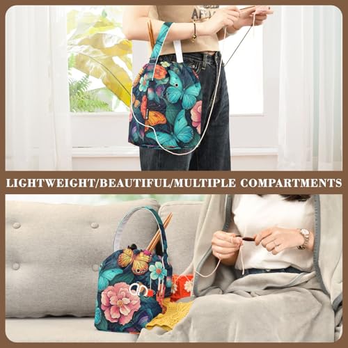 Blue Butterfly Flowers Yarn Bag Small Crochet Bag Drawstring Yarn Storage Organizer Knitting Project Bags Potable Yarn Holder with Holes Handle Crocheting Needles Knitting Accessories - color: Blue Butterfly Flowers