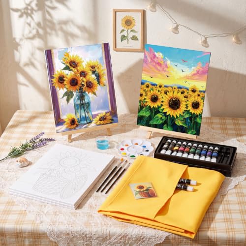 Cholemy 6 Set Paint and Sip Kit for Adults 8"x 10" Pre Drawn Canvas Painting with Wooden Easel Acrylic Paint Wash Cup Brushes Palette Apron for Painting DIY Adult's Date Party Supplies(Sunflower) - style: Sunflower