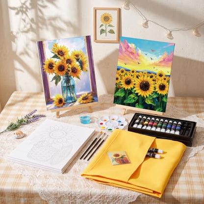 Cholemy 6 Set Paint and Sip Kit for Adults 8"x 10" Pre Drawn Canvas Painting with Wooden Easel Acrylic Paint Wash Cup Brushes Palette Apron for Painting DIY Adult's Date Party Supplies(Sunflower) - style: Sunflower
