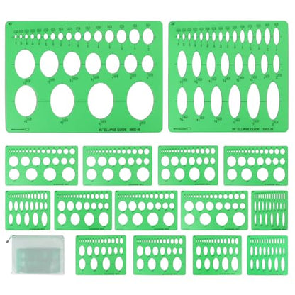 15 PCS Circle Template Set Plastic Circle and Oval Measuring Templates Series Ellipse Template for Students Professionals Precise Drafting with Storage Bag