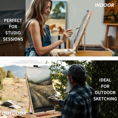 Large French Style Easel, Portable Field & Studio Sketchbox | Plein Air Adjustable Tripod Easel with Detachable Drawer for Display, Painting, Sketching