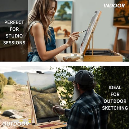 Large French Style Easel, Portable Field & Studio Sketchbox | Plein Air Adjustable Tripod Easel with Detachable Drawer for Display, Painting, Sketching