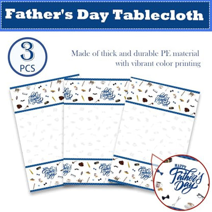 Qpout 3 Pack Happy Father's Day Tablecloths, Waterproof Plastic Disposable Rectangle Blue Table Cover for Dad's Party Decorations, 108 x 54 Inch