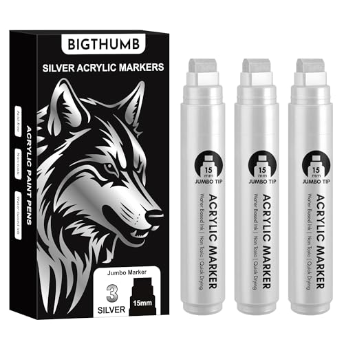 BIGTHUMB 3 Pcs Silver Jumbo Permanent Markers: 15mm Wide Tip Thick Acrylic Paint Pen Large Calligraphy Marker for Rock Painting, Poster, Sign, Canvas, Glass, Wood, Ceramic - color: Silver