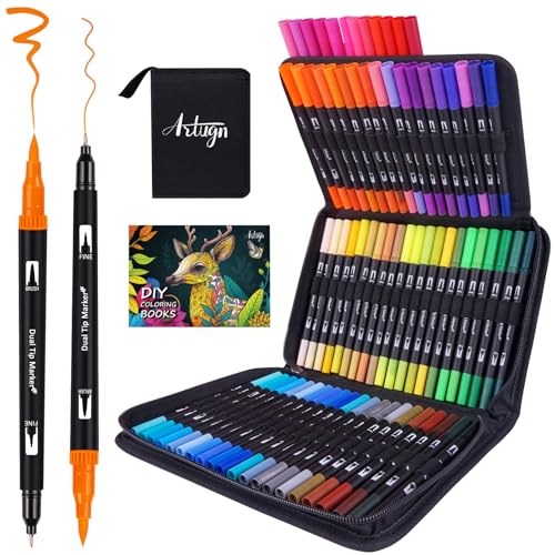 72 Colors Dual Watercolor Markers Pens for Adult Coloring Books with Bag | Art Marker Set with Fine & Brush Tip Pen for Bullet Journaling, Coloring, Drawing, Hand Lettering, Calligraphy, Art Supplies - color: 72 Colors