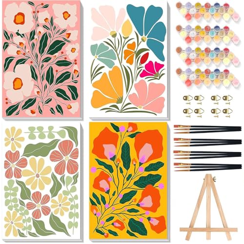 4 Pack Flower Paint by Numbers for Adults with Framed Canvas - Wooden Easel - color: BKH2183+BKH2184+BKH2185+BKH2186