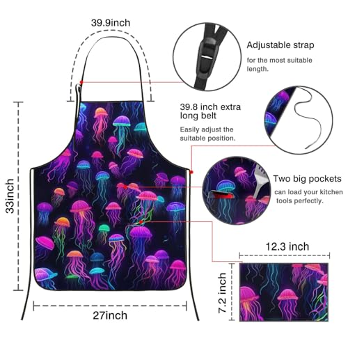 Apron with 2 Pockets,Kitchen Chef Artist Aprons for Cooking Gardening Baking Painting, Waterproof Apron 33" x 27" - color: Jellyfish