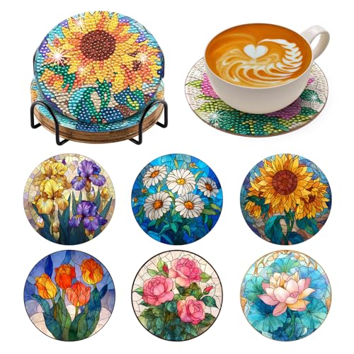 Zynlio Flowers Diamond Art Coasters Diamond Painting Coasters Kits with Holder Flowers DIY Coaster for Adults Beginners, Diamonds Art Crafts Supplies - color: flower