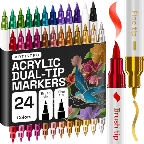 ARTISTRO 24 Metallic Dual-Tip Acrylic Paint Marker Pens for Drawing | For Fabric, Rock, Glass, Wood, & Molds, Arts & Crafts Gift for Adults, Teens, & Kids, Classroom Must Haves & School Supplies