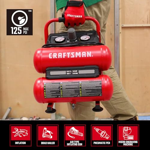 Craftsman 2-Gallon Air Compressor, 1/3 HP Oil-Free Twin Tank, 125 PSI | Lightweight, Home DIY, Tire Inflation, Spray Painting, Oil-free, Low Maintenance, Quiet Operation, 0.5 CFM @ 90PSI