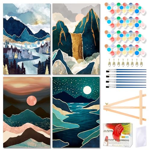 Muzagroo Art 4 Pcs Paint by Numbers Kits for Adults Framed Canvas with Wooden Easel DIY Abstract Landscape Acrylic Oil Paintings Kits Paint by Numbers on Canvas Wall Art (8x12 inch) - color: Abstract Landscape
