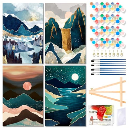 Muzagroo Art 4 Pcs Paint by Numbers Kits for Adults Framed Canvas with Wooden Easel DIY Abstract Landscape Acrylic Oil Paintings Kits Paint by Numbers on Canvas Wall Art (8x12 inch) - color: Abstract Landscape