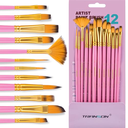 Transon Artist Paint Brush Set of 12 for Acrylic Watercolor Gouache Oil Craft Painting Pink - color: 12 Pcs Pink