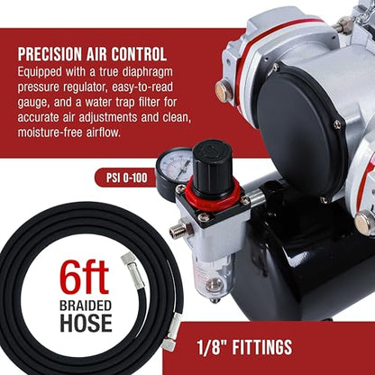 Master Airbrush TC-828 Airbrush Compressor with Tank- 1/3 HP Quad Cylinder, 4L Air Tank, 78L/Min Flow, Multi-Airbrush & Spray Gun Support, True Diaphragm Regulator, Portable - Ideal for Artists - style: Quad Piston with Tank