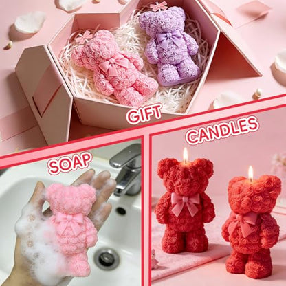Bear Candle Molds, Standing 3D Rose Flower Bear Casting Molds - color: 1 PCS Rose Bear Candle Molds