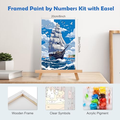 MOGTAA Ship Landscape Paint by Numbers Kit for Adults Beginners with Frame, Seagulls and Sea Adult Paint by Number Kits on Canvas with Easel, Easy DIY Oil Painting Kits for Home Decor, 8x12in - color: Landscape5