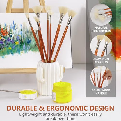 DUGATO Hog Hair Fan Paint Brush Set, 7-Piece Long Handle Brushes | Comfortable Wood Handle for Ceramic Pottery Glazing & Painting, Ideal for Acrylic & Oil, Smooth Blending & Texture Effects - size: 7pcs Fan Brushes