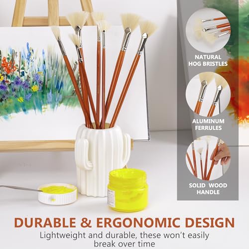 DUGATO Hog Hair Fan Paint Brush Set, 7-Piece Long Handle Brushes | Comfortable Wood Handle for Ceramic Pottery Glazing & Painting, Ideal for Acrylic & Oil, Smooth Blending & Texture Effects - size: 7pcs Fan Brushes