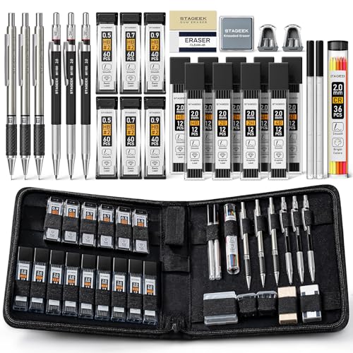 STAGEEK 30PCS Mechanical Pencil Set with Canvas Bag, 0.5, 0.7, 0.9 ＆ 2mm | Drawing Pencils with 464PCS Lead Refills (6B 4B 2B HB 2H 4H Color), Erasers, Sharpeners, Artist Pencil for Sketching Drafting - style: 0.5, 0.7, 0.9, 2MM with Canvas Bag