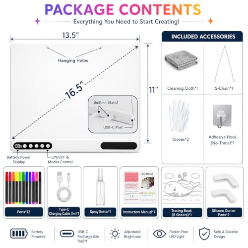 Rechargeable LED Drawing Board for Kids, 16 Inch Light Up Dry Erase Board with 12 Markers, 7 Colors & 10 Modes, Glow Doodle Board with Tracing Book & Stand, Gifts for Girls Boys Ages 4-8