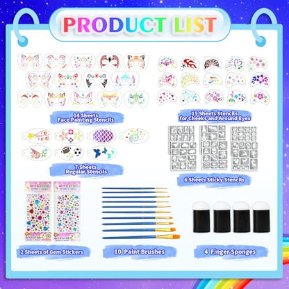 58 PCS Face Paint Stencils for Kids and Adults, 36 Reusable Facial Painting Templates, 6 Sticky Tattoo Stencils, 10 Makeup Brushes, 2 Adhesive Gem Stickers, 4 Finger Sponges for Party Makeup - color: blue