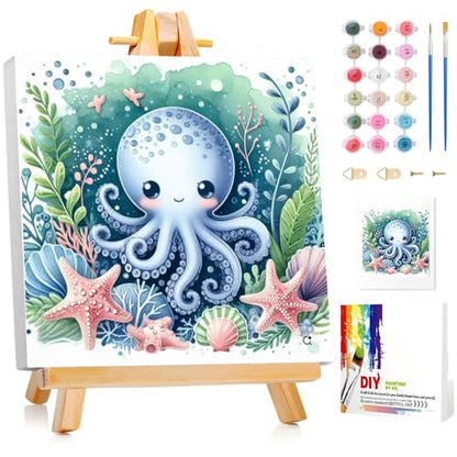 Animal Paint by Numbers Kit for Kids with Frame Wooden Easel 8x8 inch - color: style-4