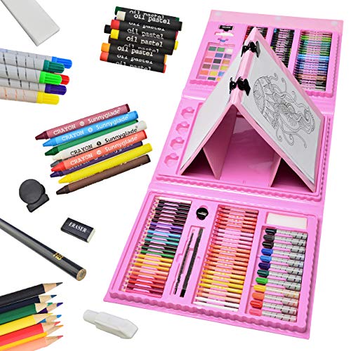 Sunnyglade 185 Pieces Double Sided Trifold Easel Art Set Art Supplies Pink - color: Pink