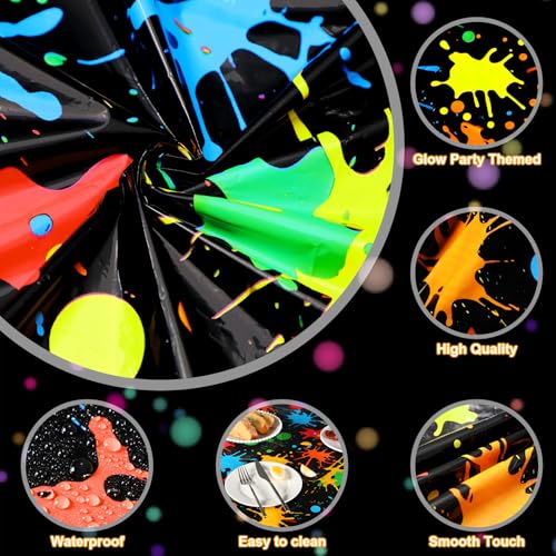 Tioncy 3 Pack Neon Glow Party Tablecloths 84 x 84 Inch Round Disposable Plastic Table Covers Paint Splatter Birthday Party Table Cloth for Glow in The Dark Event Black Light Supplies