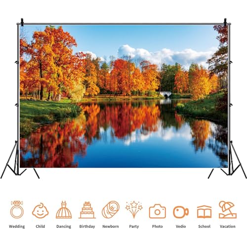 Yeele 10x8ft Natural Lake Scenery Backdrop Autumn Golden Tree Blue River Outdoor Landscape Photography Background Countryside View Kid Adult Portrait Photo Studio Props - size: 10x8ft