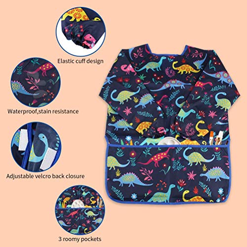 Kids Art Smocks 2 Pack Dinosaur Painting Apron for Children Waterproof Artist Smock with Long Sleeve and 3 Pockets for Age 3-8 Years - color: Dinosaur