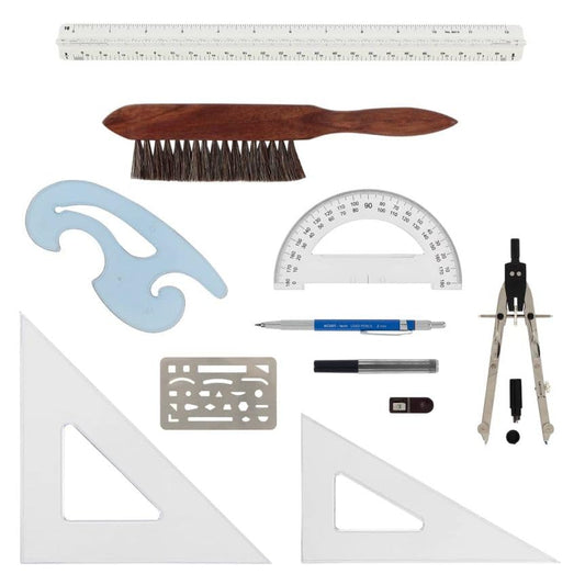 Acurit Drafting Tools Architect Set, 10 Piece Drafting Kit for Architects & Artists: Protractor, Compass, Architect's Scale, 2mm Pencil, Eraser Shield, Triangles, French Curve, Brush - size: Set of 10