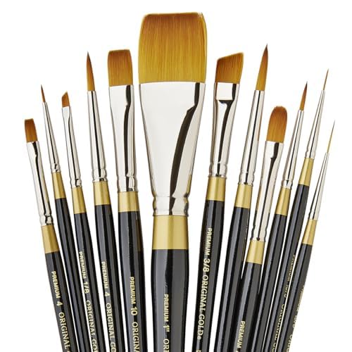 KINGART Premium Original Gold Series Handcrafted Golden Taklon Multimedia Artist Brushes, Set of 12, Black Glosss Handle, for Oil, Acrylic, Watercolor & Gouache Paints