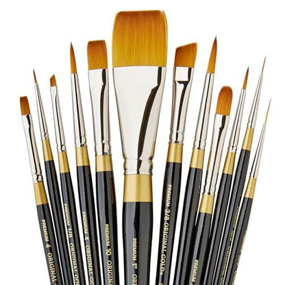 KINGART Premium Original Gold Series Handcrafted Golden Taklon Multimedia Artist Brushes, Set of 12, Black Glosss Handle, for Oil, Acrylic, Watercolor & Gouache Paints