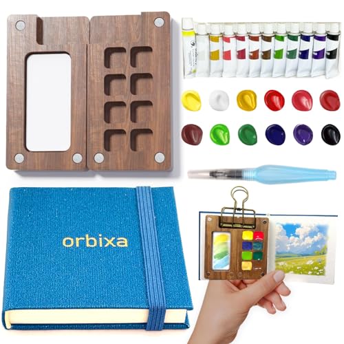 Orbixa Mini Watercolor Palette Paint Set–Travel Size,12 Color Paint with 8-Well black Walnut Palette,Mini Sketchbook travel watercolor set& pocket kit | Portable Watercolor Kit for Artists,Students&Beginners